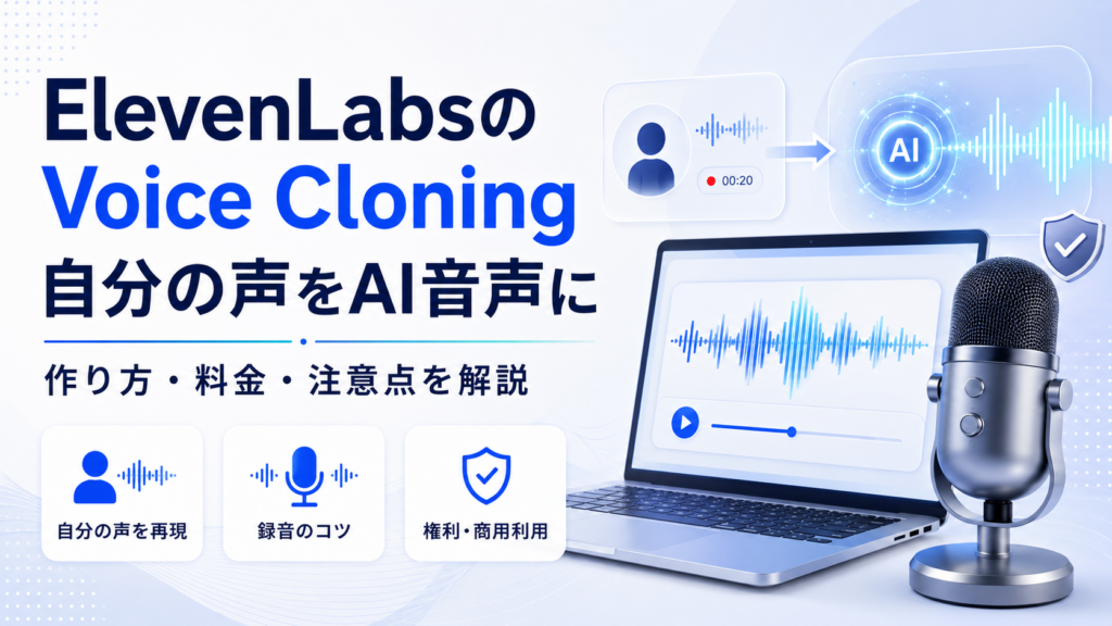 ElevenLabsのVoice Cloningで自分の声をAI音声化する方法・料金・注意点を解説するアイキャッチ画像