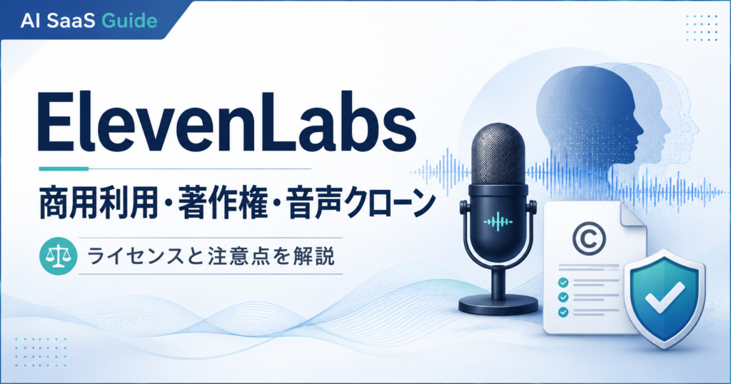 ElevenLabs（イレブンラボ）の商用利用・著作権・ライセンス・音声クローンに関する記事を紹介するアイキャッチ画像