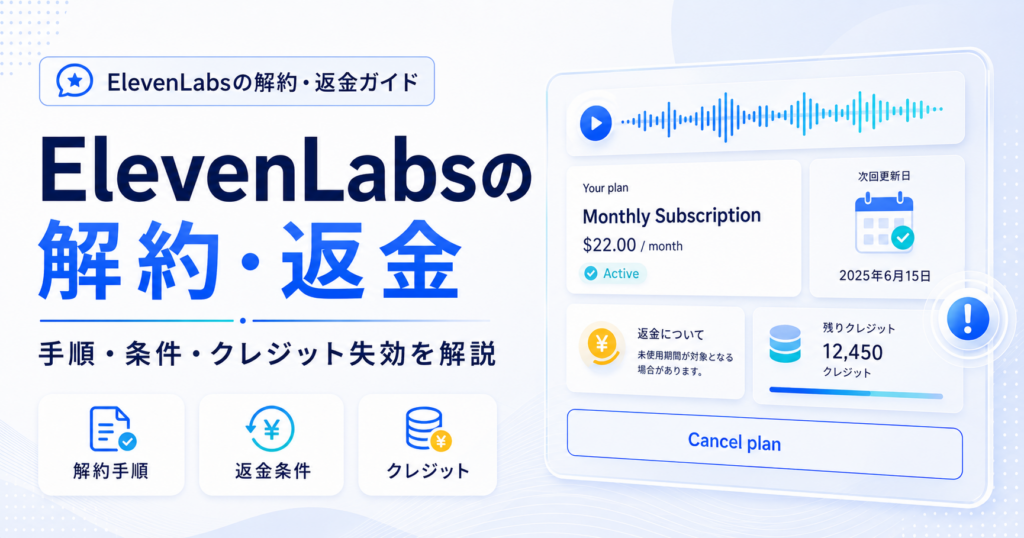 ElevenLabsの解約・返金・クレジット失効を解説する記事のアイキャッチ。サブスクリプション管理画面とキャンセル操作をイメージしたイラスト。