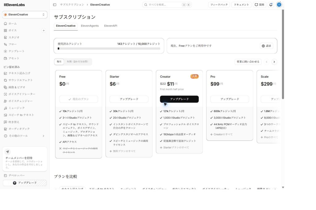 ElevenLabsの料金プランと月間クレジットを表示した公式サブスクリプション画面