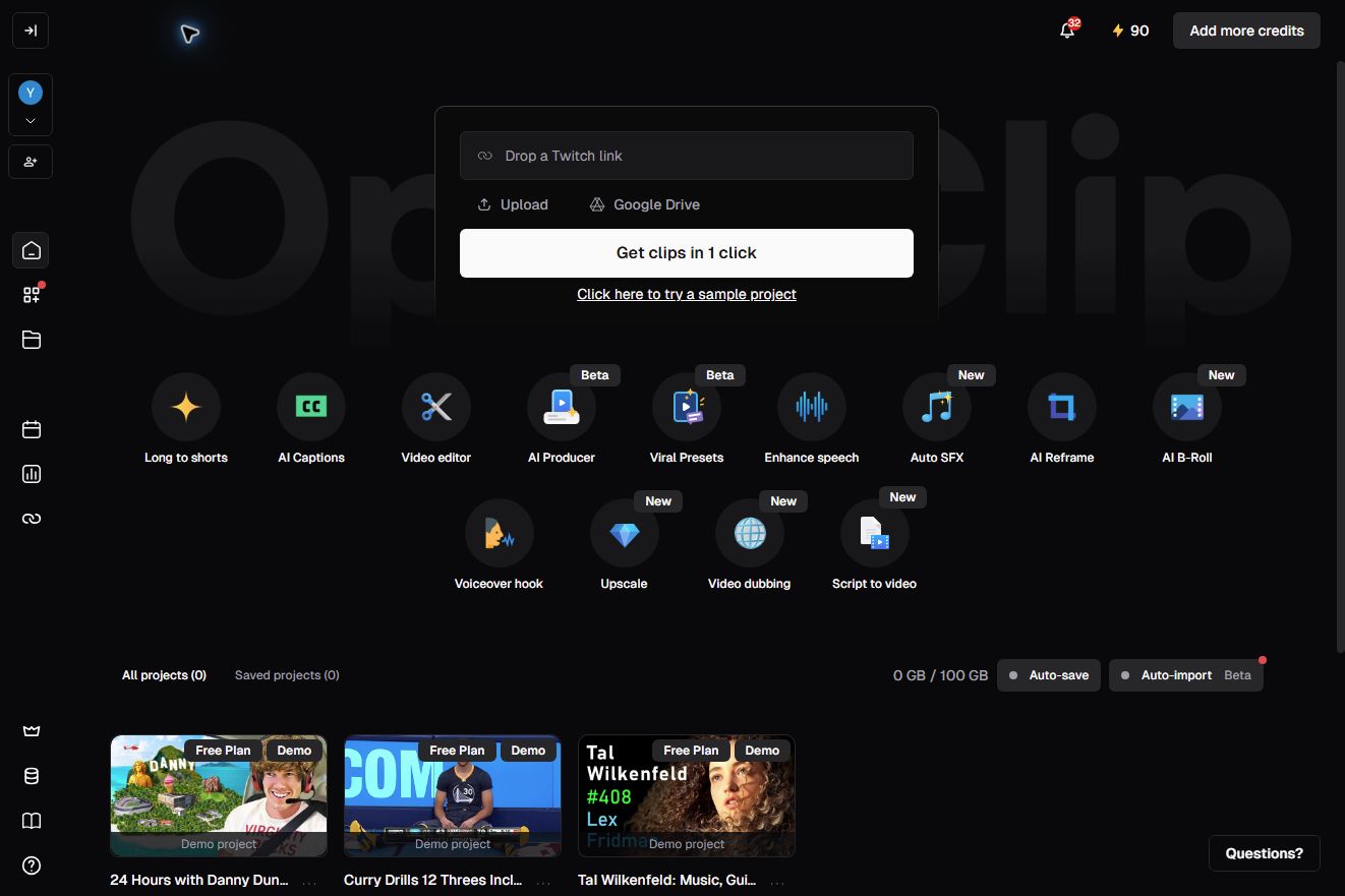 OpusClipのホーム画面と動画アップロード欄