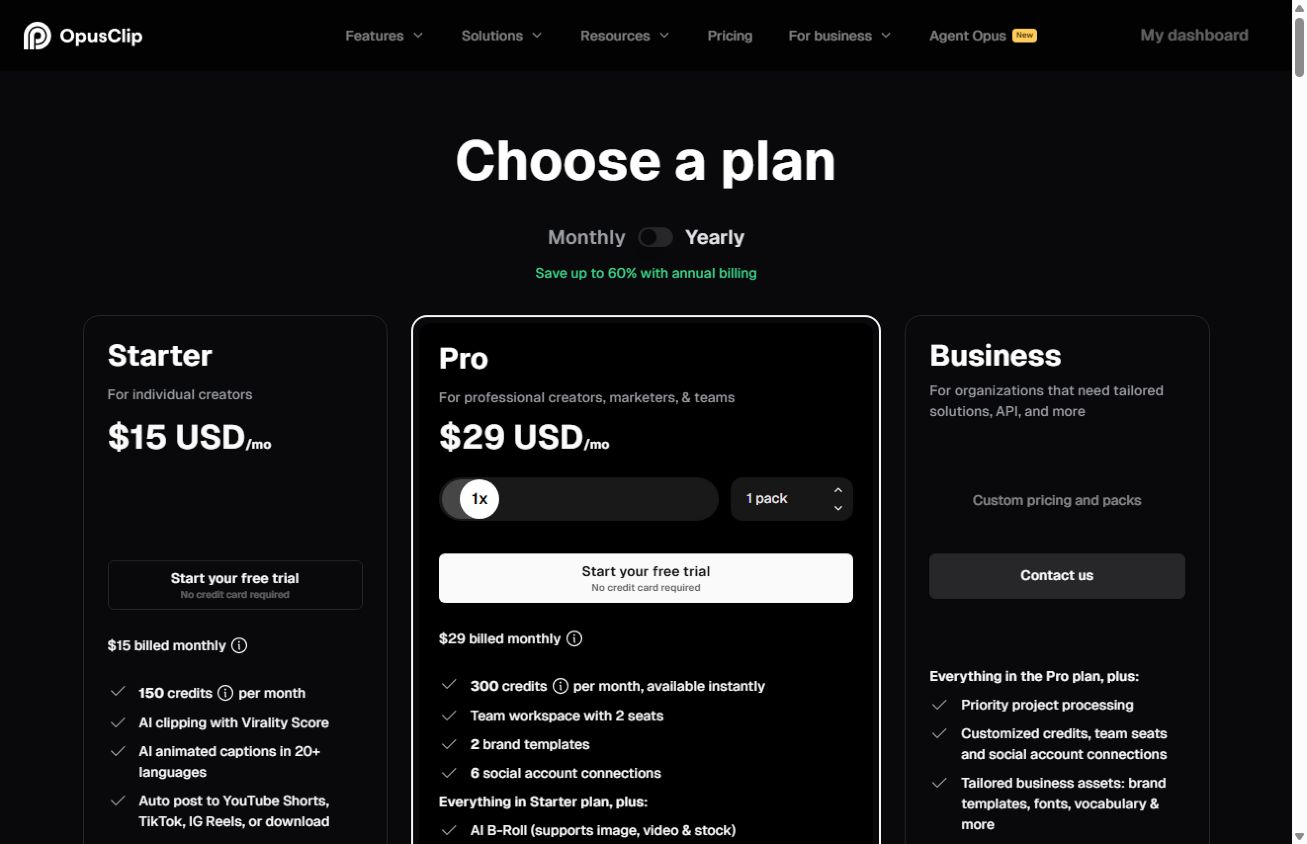 OpusClipのStarter・Pro月額料金画面