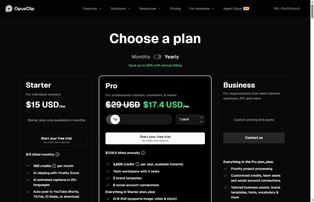 OpusClip Proの年額料金と年間クレジット