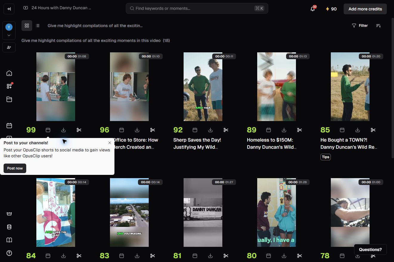 OpusClipが生成したショート動画候補の一覧