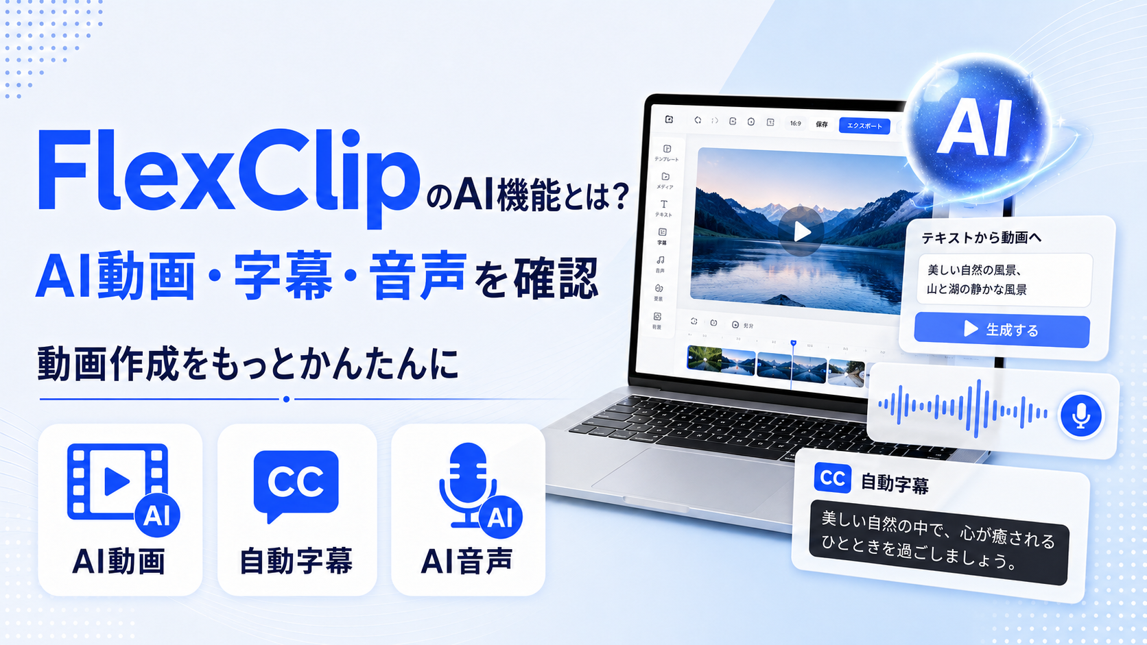FlexClipのAI動画・自動字幕・AI音声機能を示すアイキャッチ