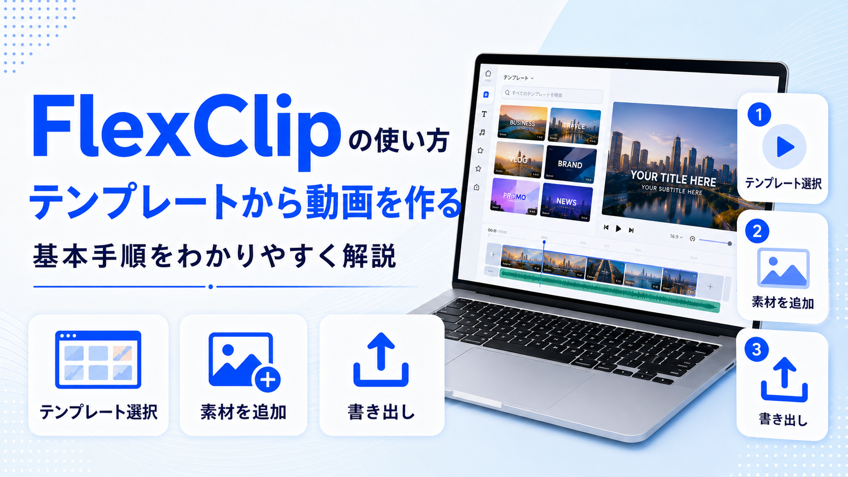 FlexClipでテンプレートから動画を作る基本手順を示すアイキャッチ