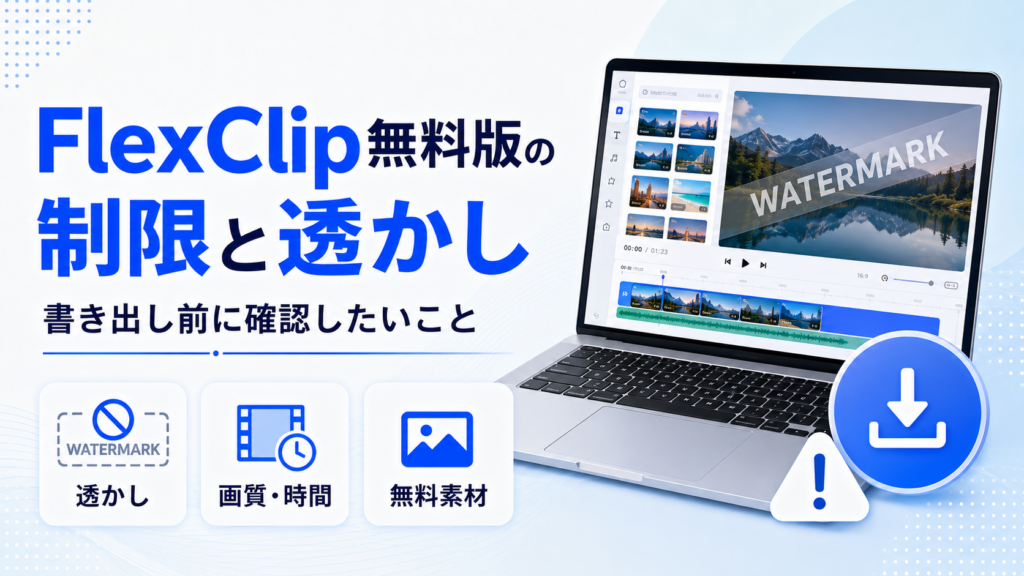 FlexClip無料版の制限と透かしの確認点を示すアイキャッチ