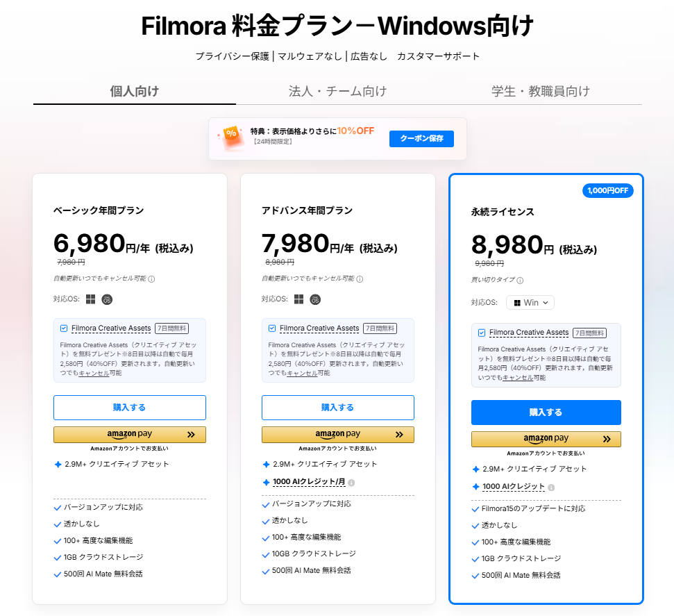 Filmora本体ライセンスの料金とプラン選択画面