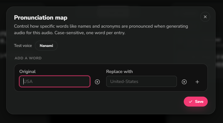 FlikiのPronunciation mapで固有名詞や略語の読み替えを登録する画面